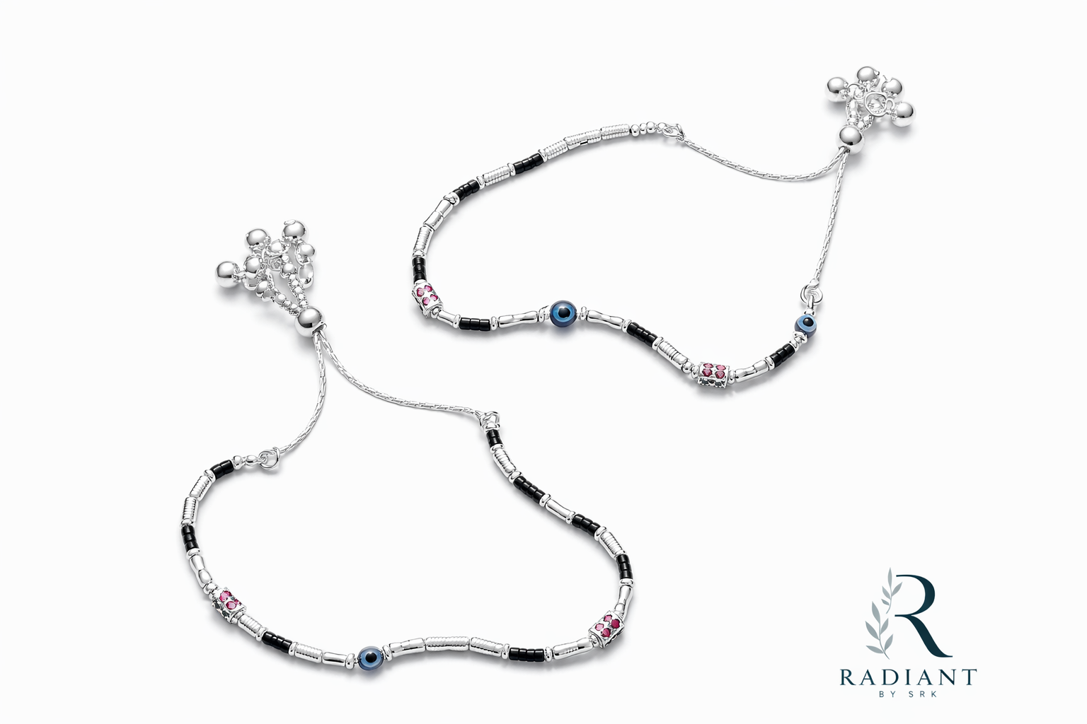 Chic Evil Eye Silver Anklet with Black Beads for Women