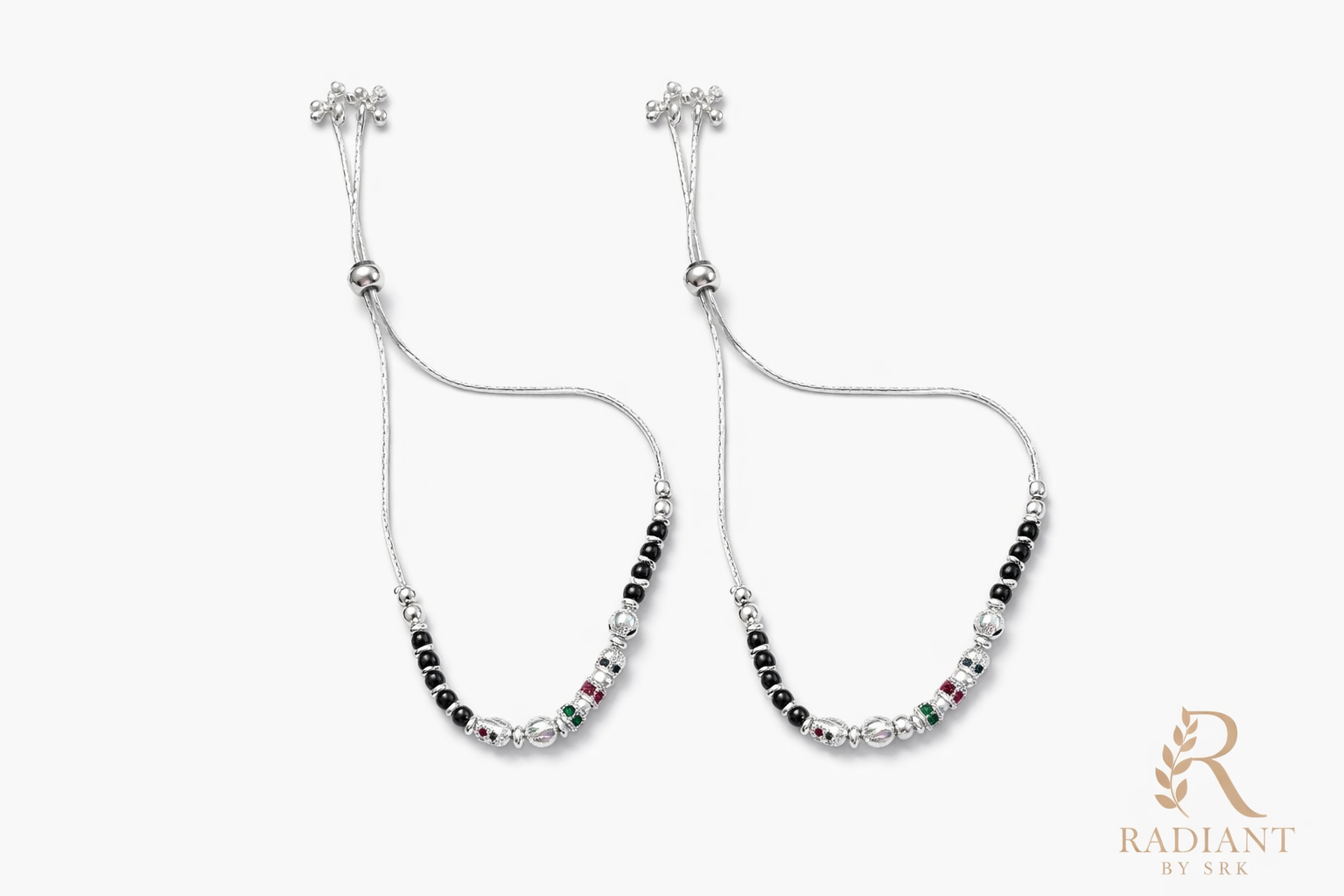 Minimal Black Bead Silver Adjustable Anklet for Women