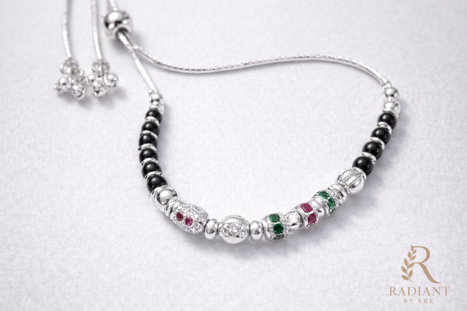 Minimal Black Bead Silver Adjustable Anklet for Women - Image 2