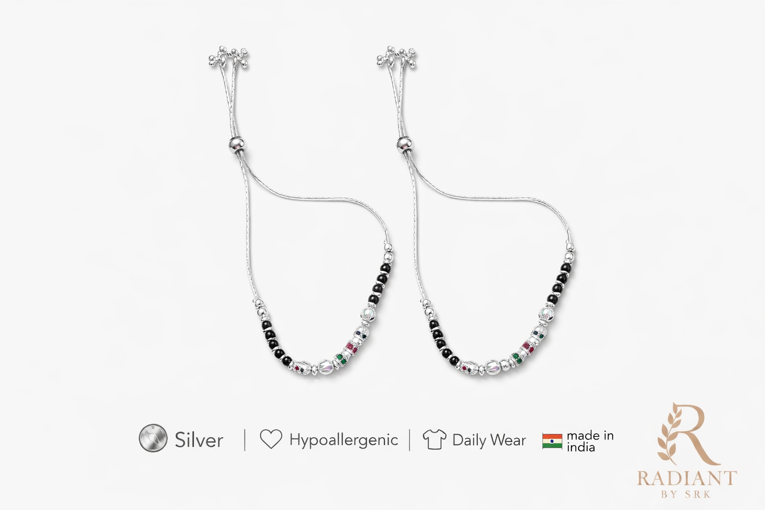 Minimal Black Bead Silver Adjustable Anklet for Women - Image 4
