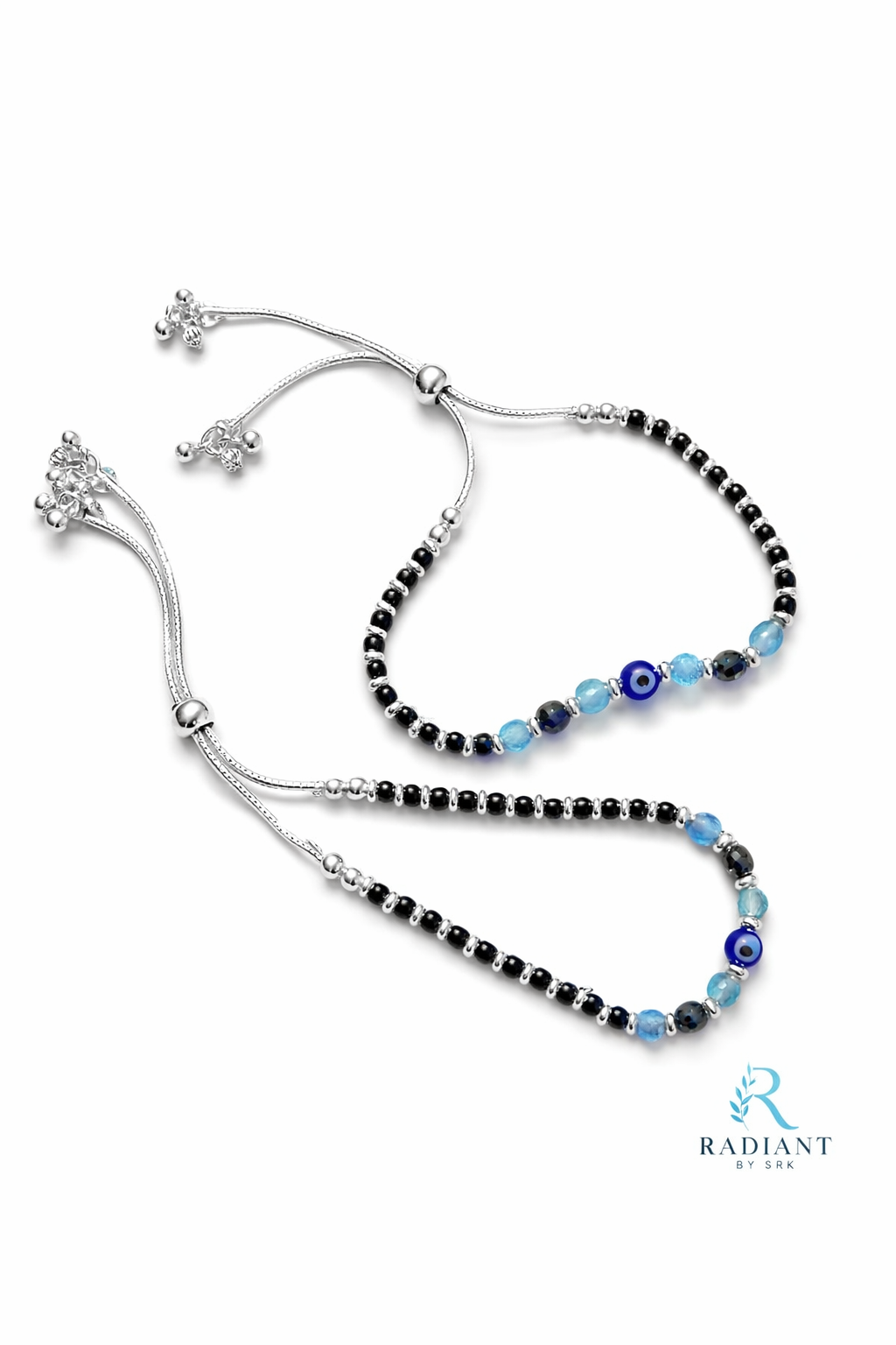 Elegant Evil Eye Silver Adjustable Anklet with Blue Beads for Women