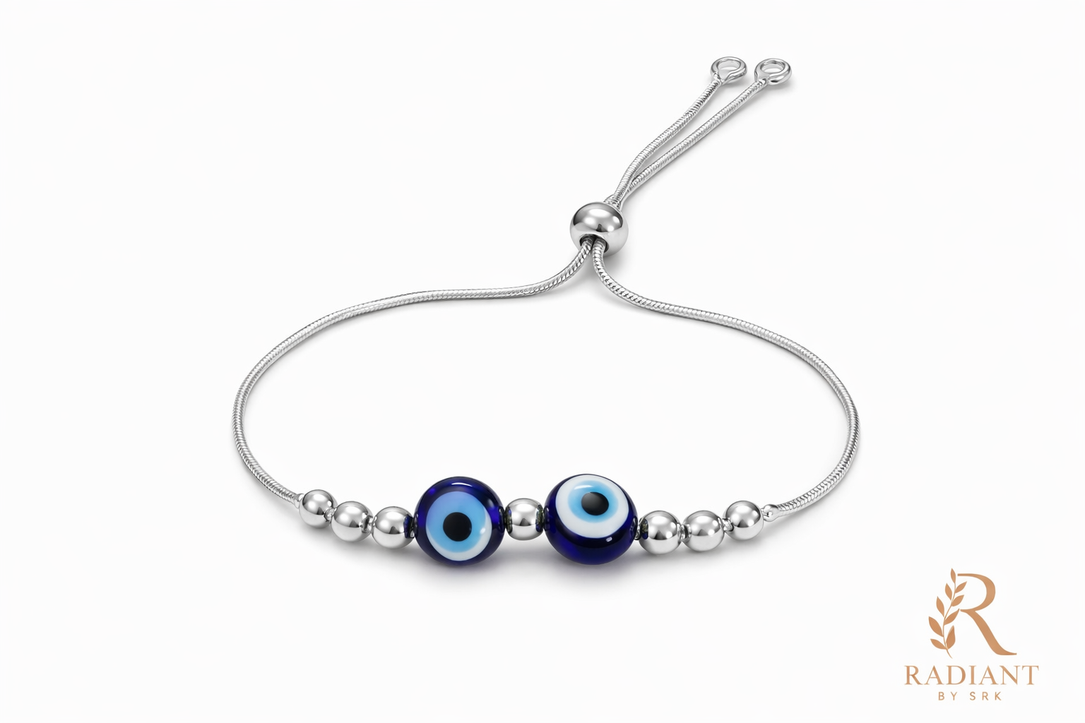 Silver Double Evil Eye Adjustable Bracelet