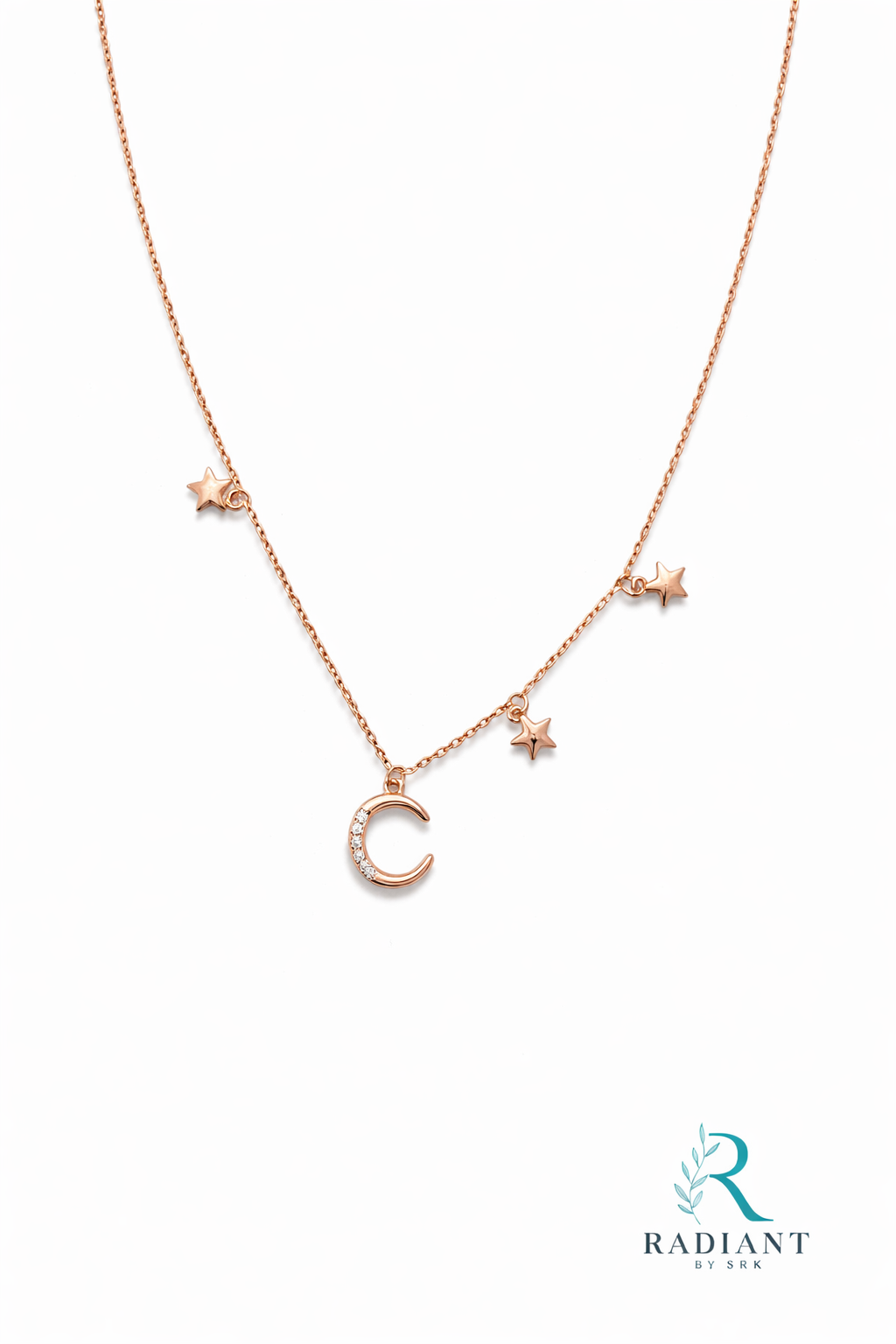 Dreamy Rose Gold Plated Silver Moon & Star Necklace for Women