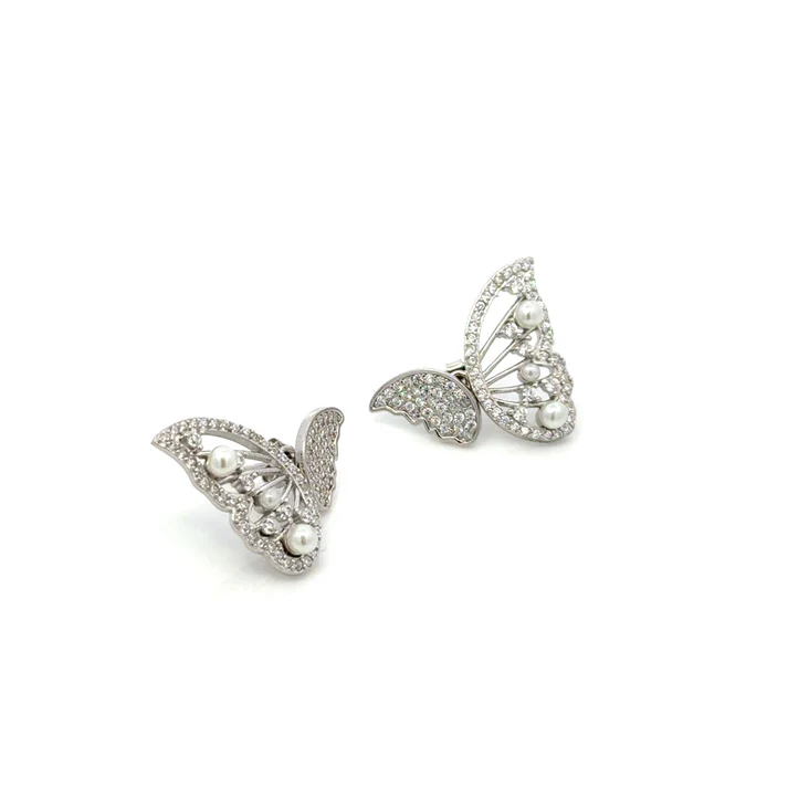 Ethereal 925 Silver Butterfly Pearl Stud Earrings