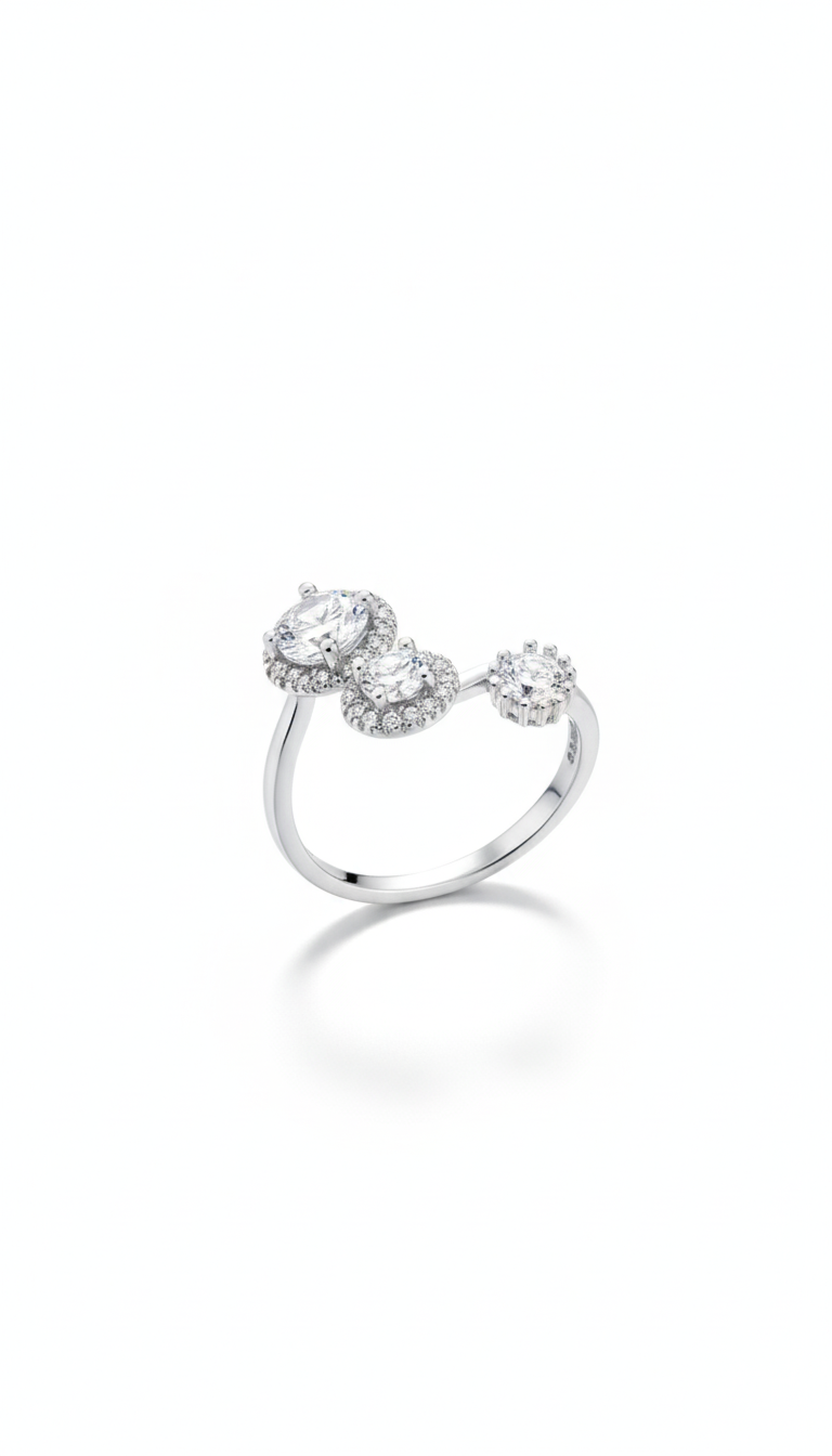Trio Halo Stone Silver Ring