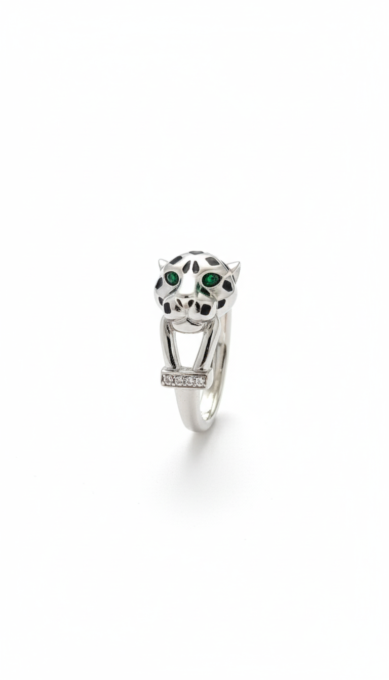 Bold Panther Head Silver Ring for Men with Green Stone Eyes