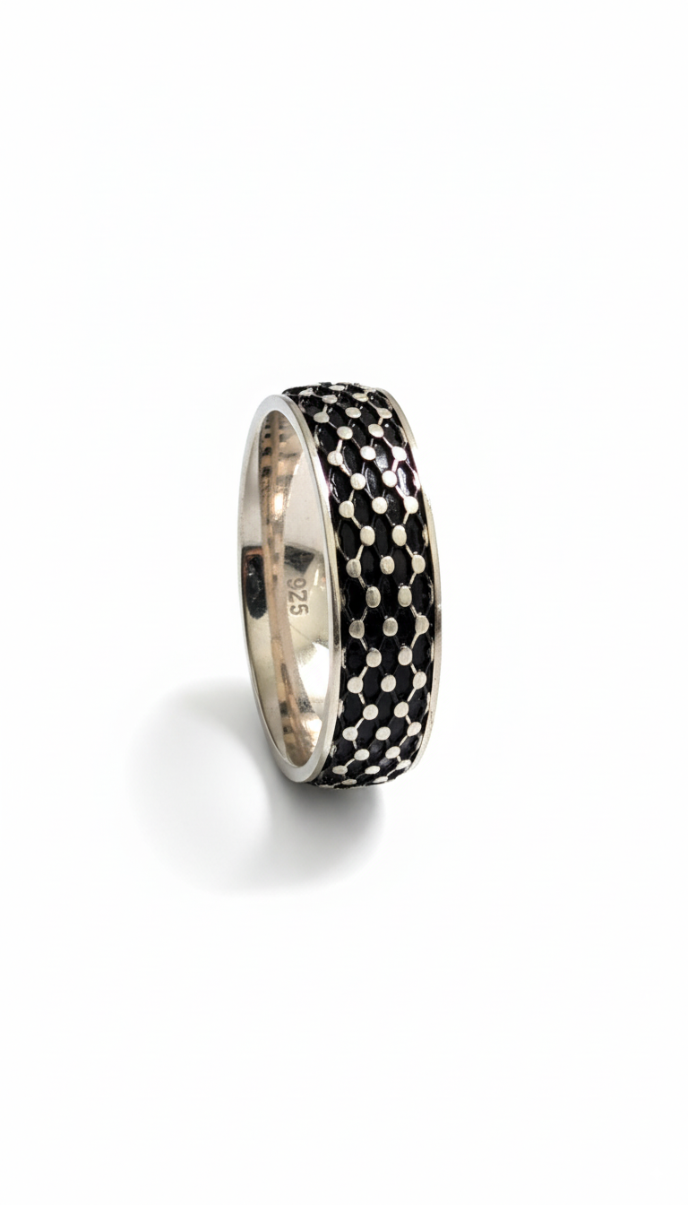 Modern Textured Black Silver Band Ring for Men