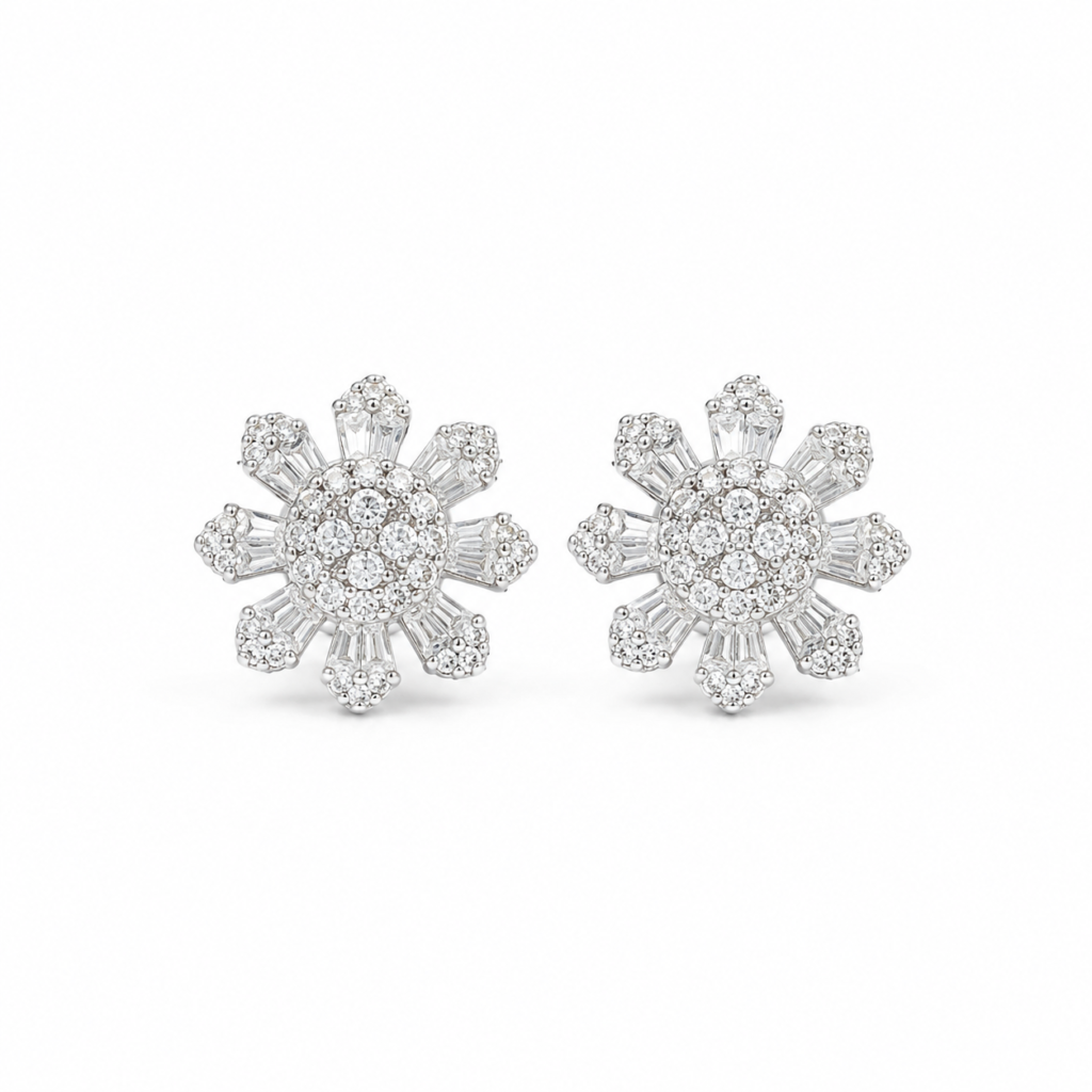 Elegant 925 Silver Floral Diamond Stud Earrings for Women