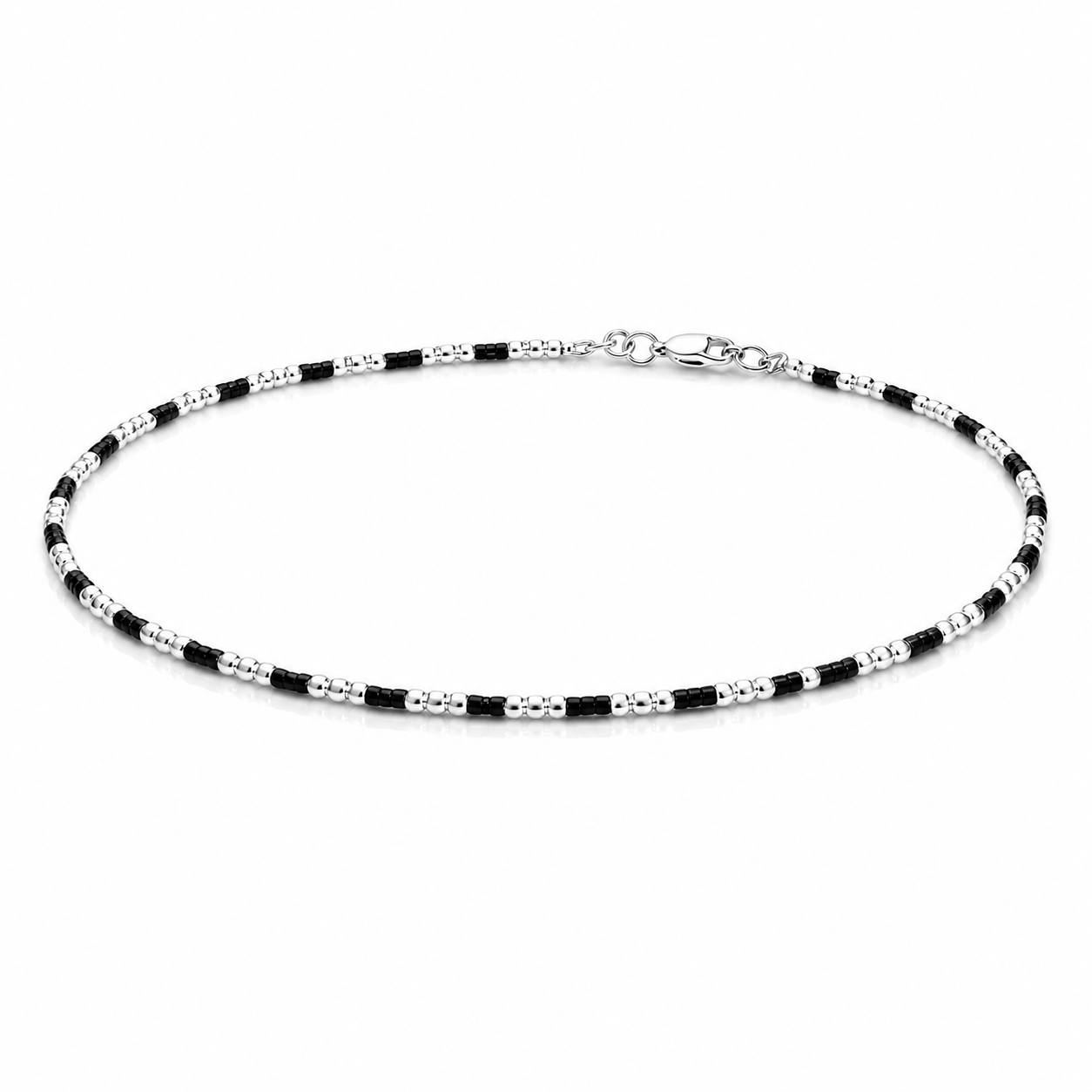 Sleek Black Bead Silver Anklet for Everyday Minimal Style