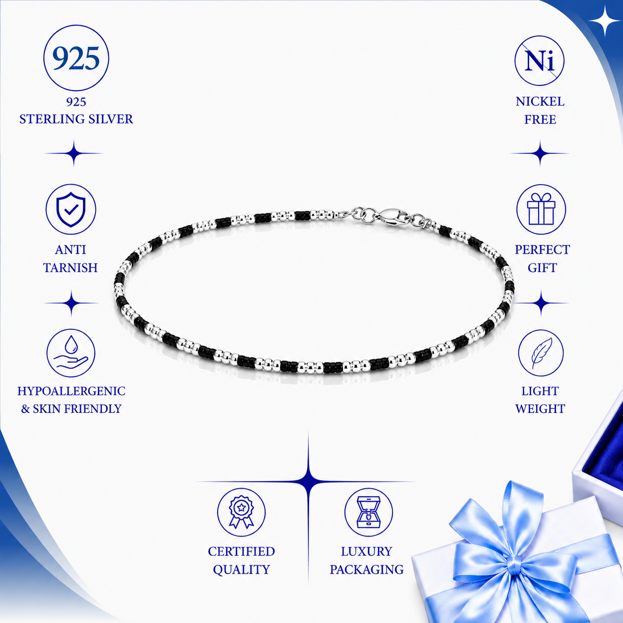 Sleek Black Bead Silver Anklet for Everyday Minimal Style - Image 4