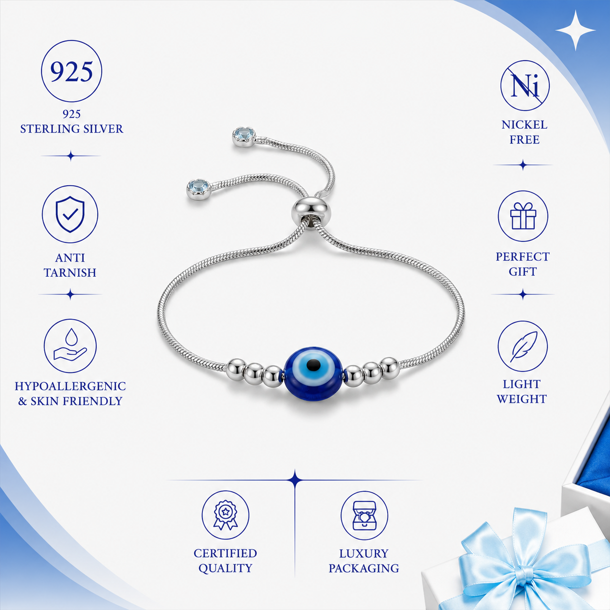 Protective Silver Evil Eye Adjustable Bracelet for Women - Image 3