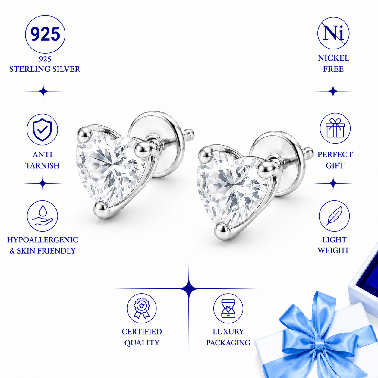 Sparkling 925 Sterling Silver Heart Cut Solitaire Stud Earrings for Women - Image 3