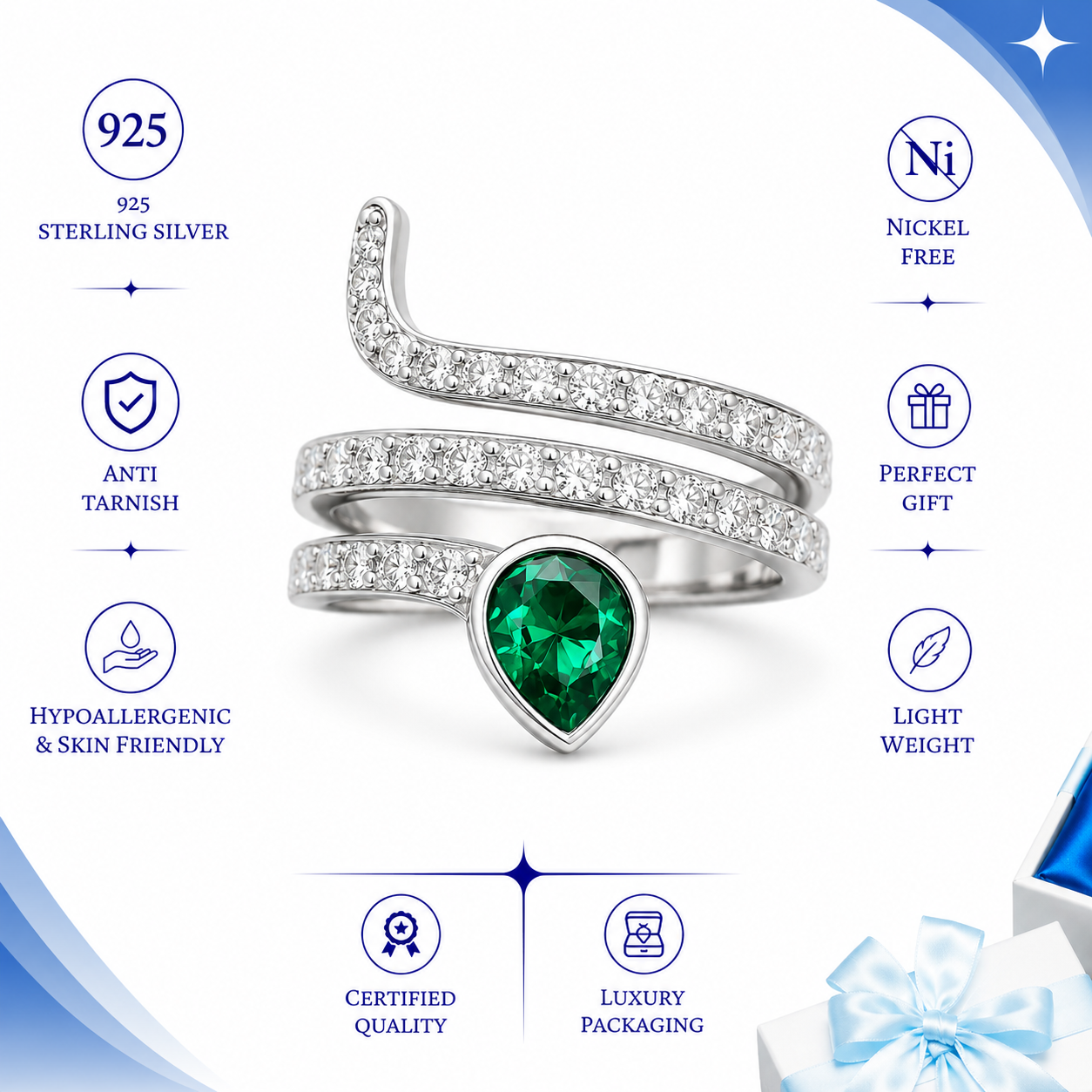 Emerald Elegance Crystal Wrap Ring in Sterling Silver - Image 3