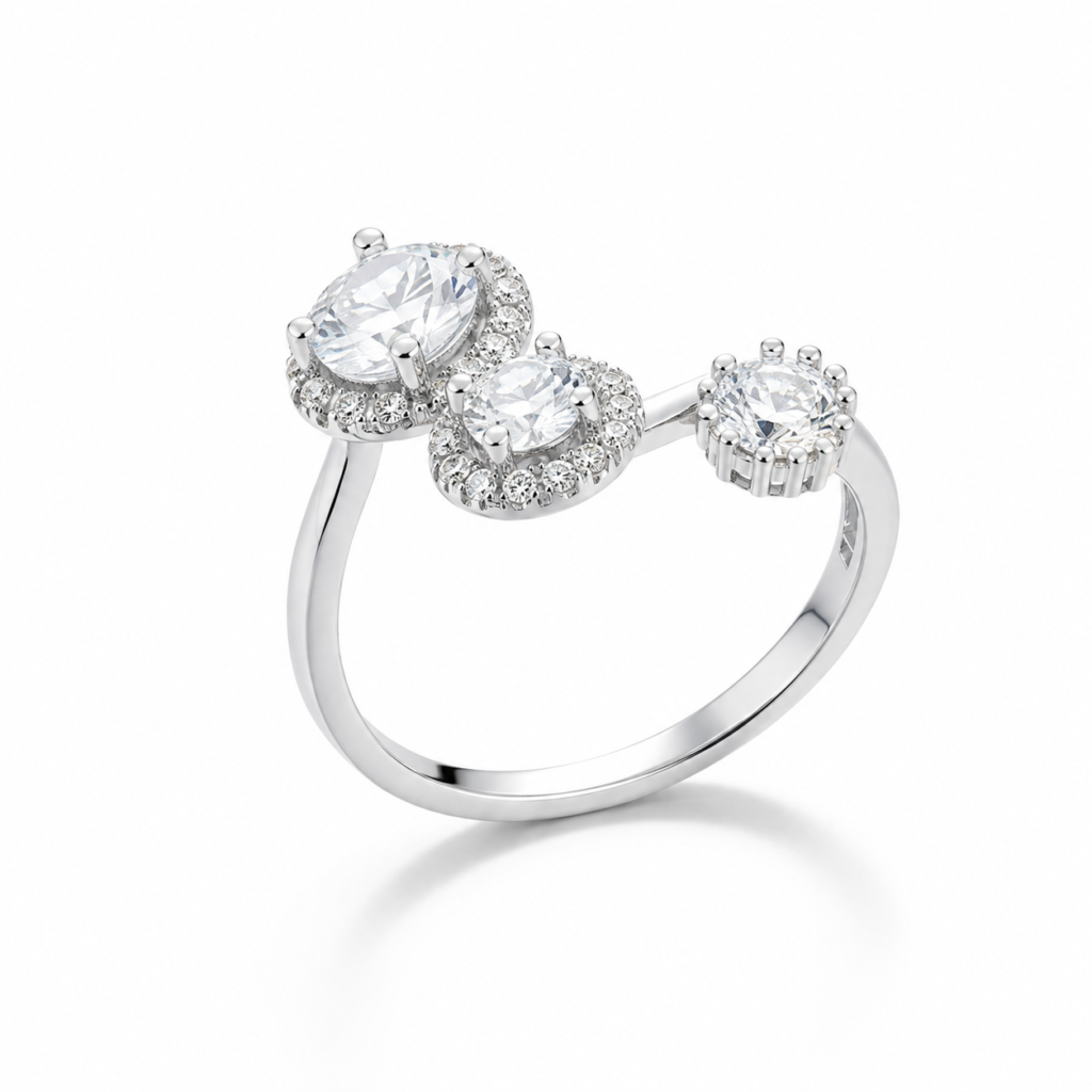 Trio Halo Stone Silver Ring