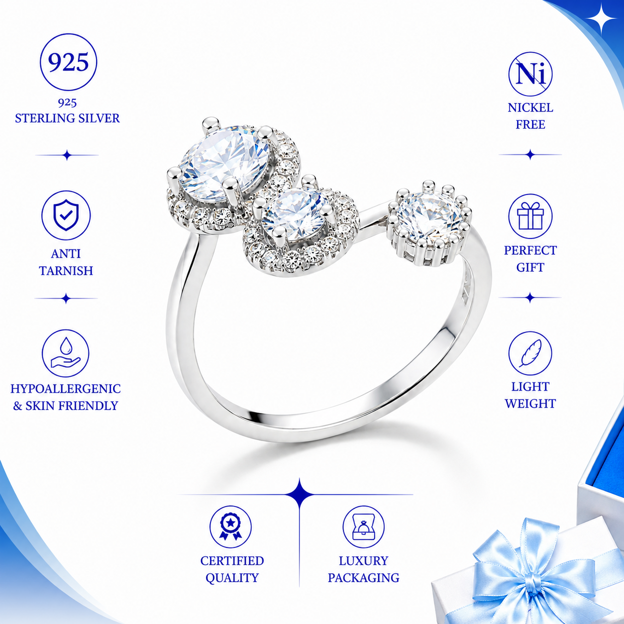 Trio Halo Stone Silver Ring - Image 3