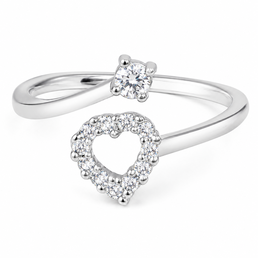 Elegant 925 Sterling Silver Heart & Solitaire Open Bypass Ring for Women