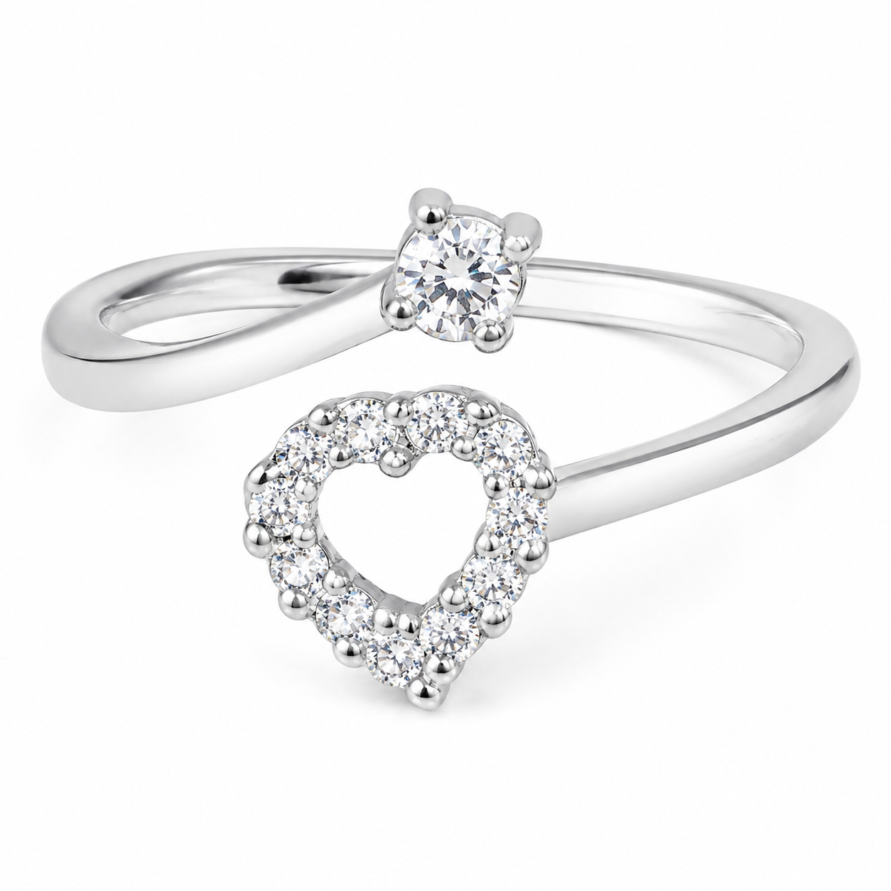 Elegant 925 Sterling Silver Heart & Solitaire Open Bypass Ring for Women