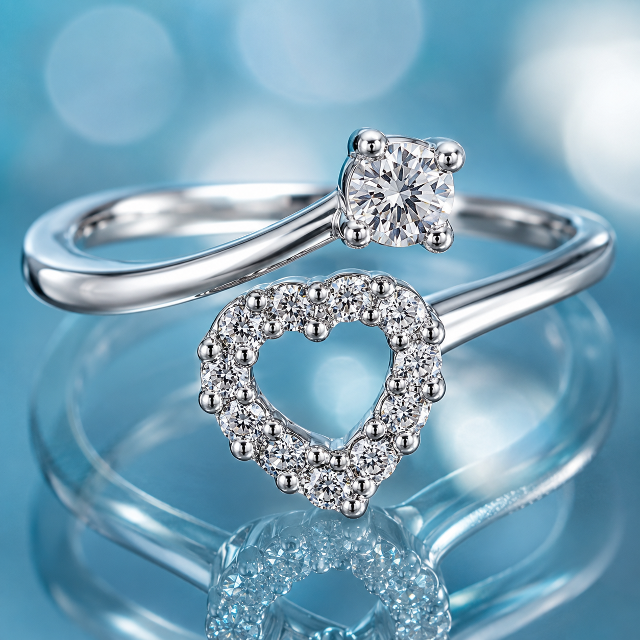 Elegant 925 Sterling Silver Heart & Solitaire Open Bypass Ring for Women - Image 2