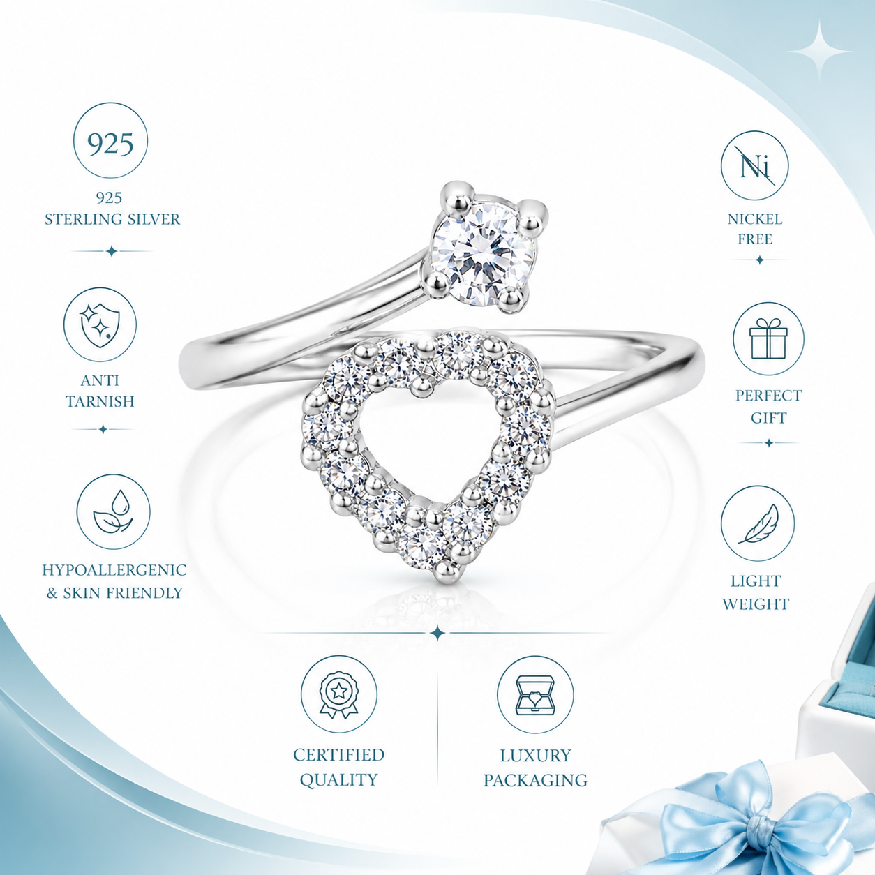 Elegant 925 Sterling Silver Heart & Solitaire Open Bypass Ring for Women - Image 3