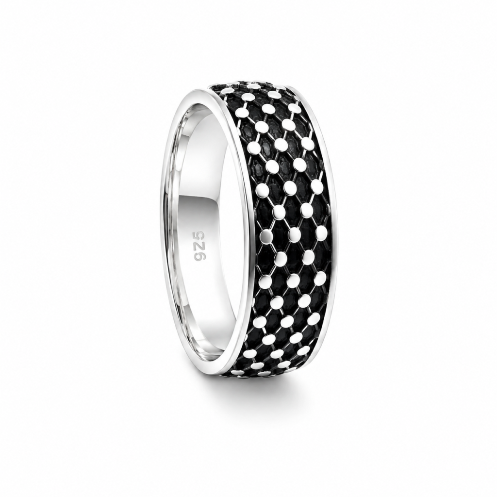 Modern Textured Black Silver Band Ring for Men